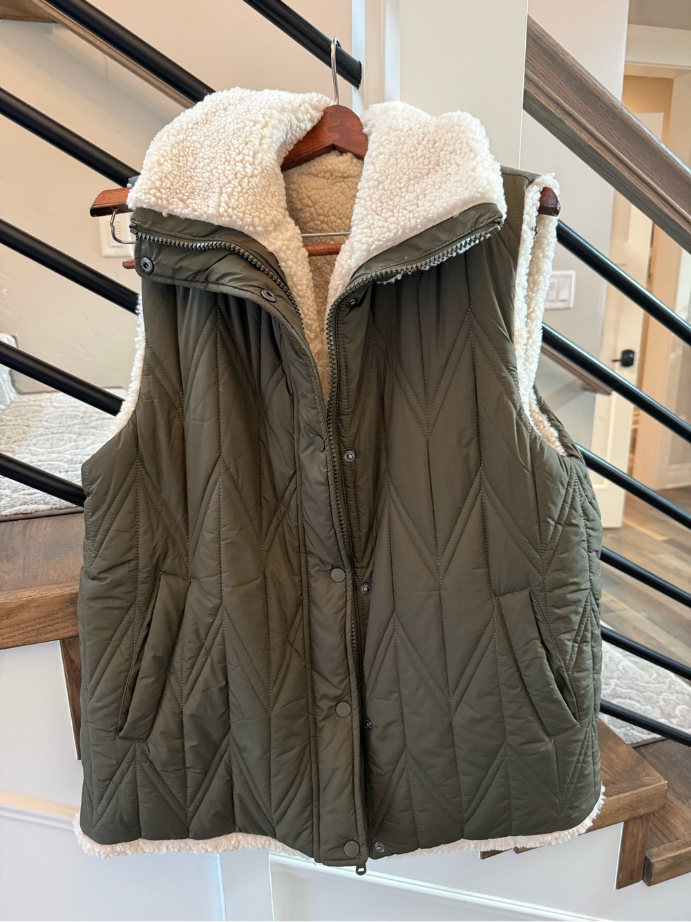 Quilted Sherpa-Lined Vest in Olive Green